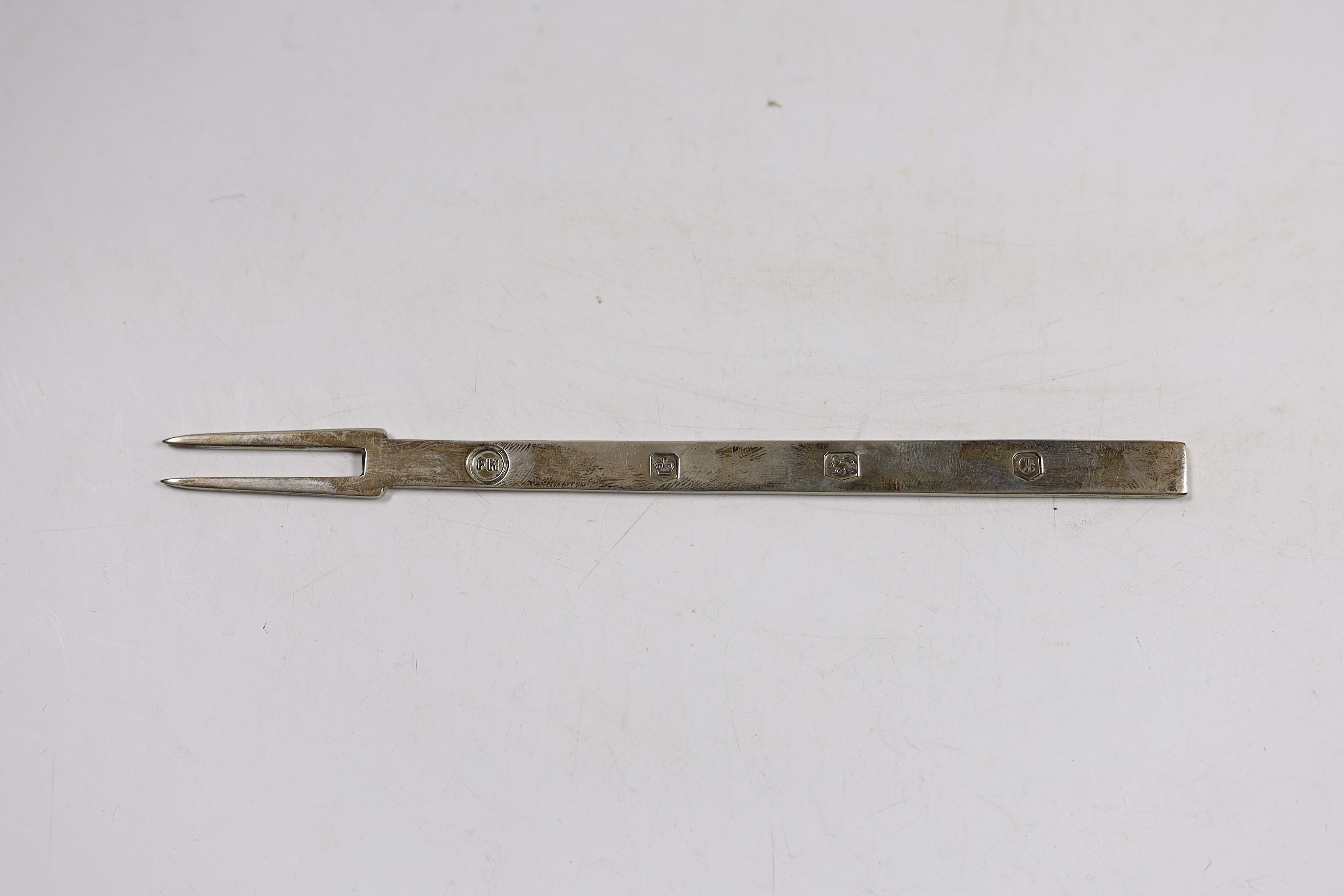 A modern cased silver replica of the 'First English Silver Fork', Francis Howard Ltd, Sheffield, 1973, 17.7cm.
